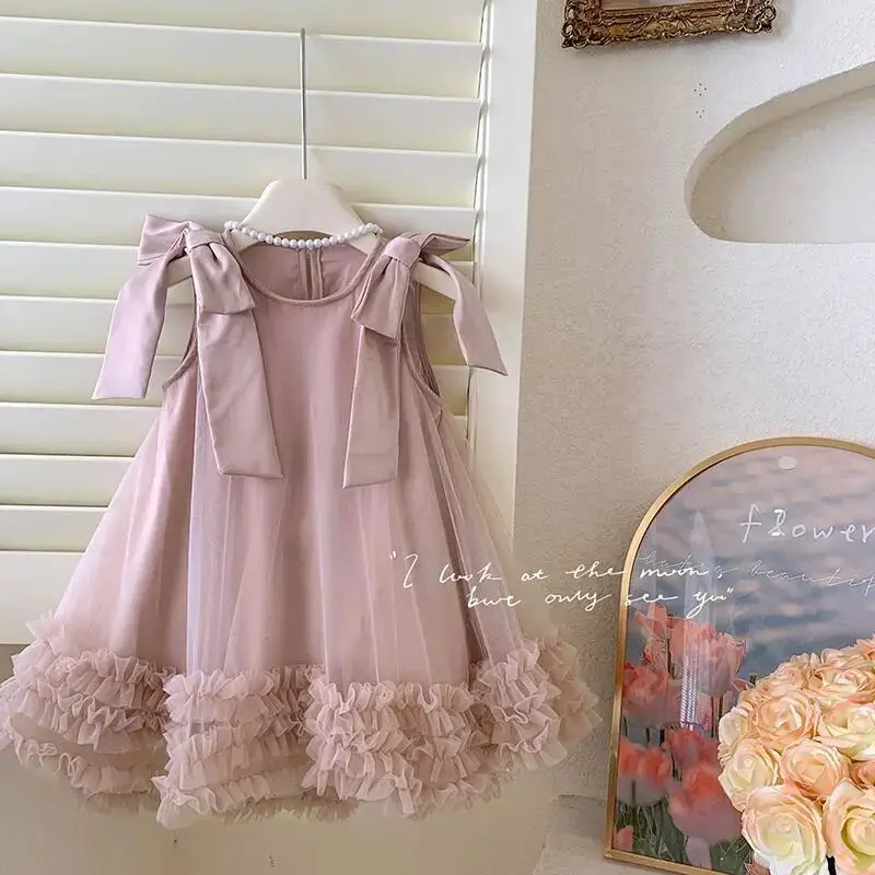 Summer Korean Edition Girls New Sleeveless Bow Solid Color Sweet and Gentle Princess Dress Childrens Trend