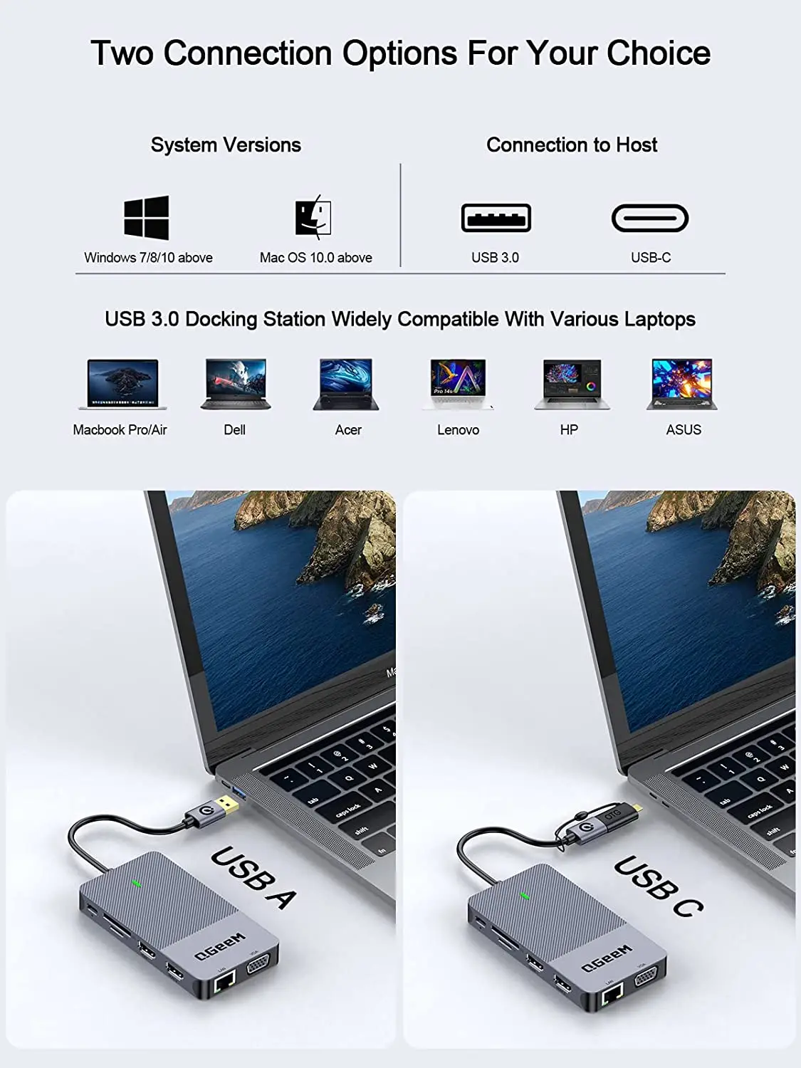 QGeeM USB Hub 3.0 Dockingstation Dreifachanzeige Dual HDMI VGA Kartenleser RJ45 Lan USB C Netzteil Adapter Splitter für Xiaomi Laptops Macbook Pro 2015 iMac Multi USB 3.0 Hub Ladegerät PC Dock Computer Notebook Zubehör