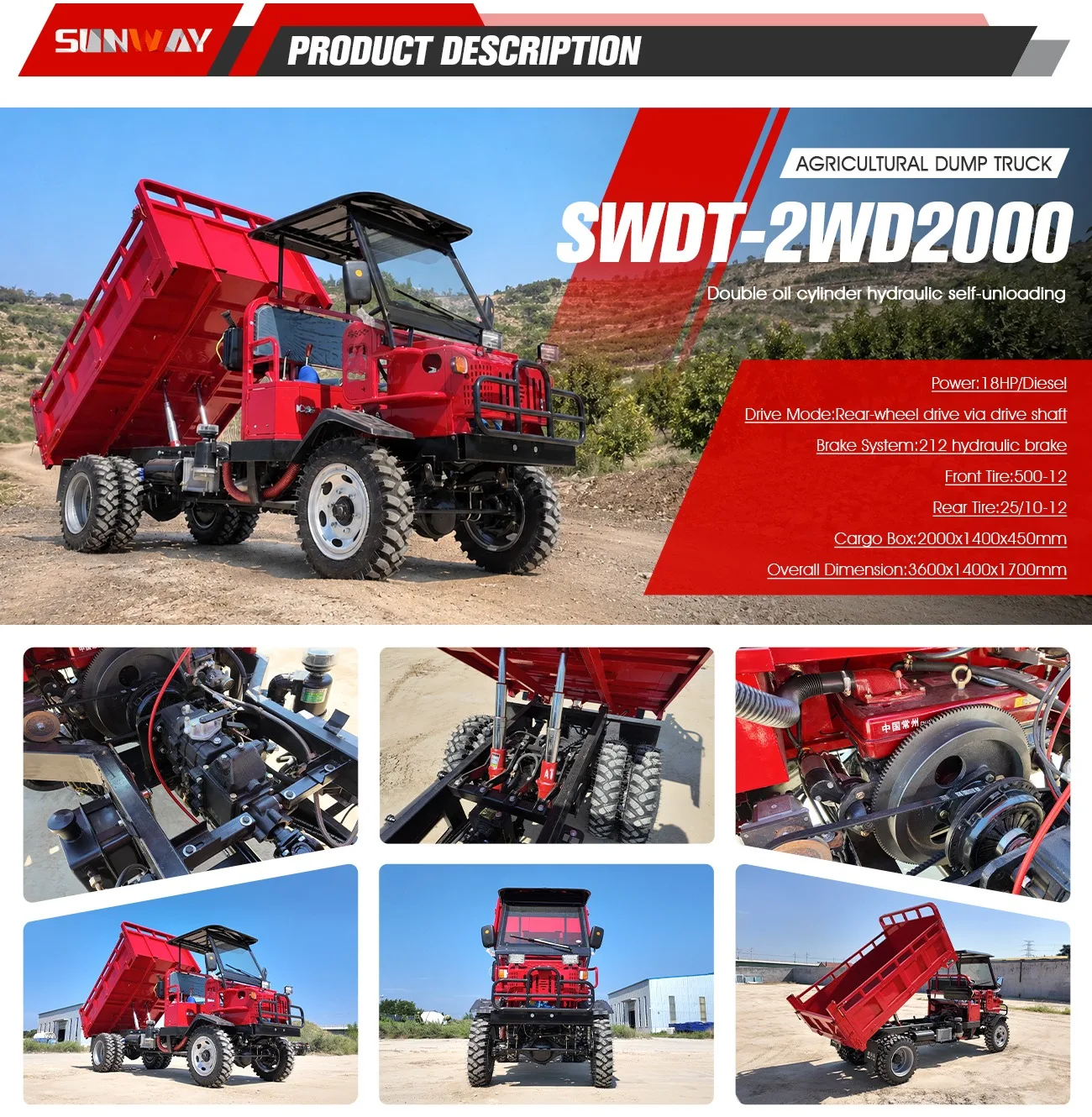 Red Farm Dumper with Raised Cargo Bed and Twin Hydraulic Cylinders for Field Work