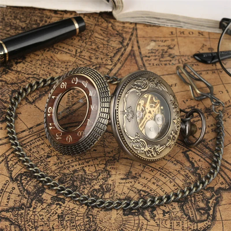 Bronze Skeleton Mechanical Hand Winding Pocket Watch for Men Women Roman Numerals Display Half Hunter Pendant Chain Timepiece