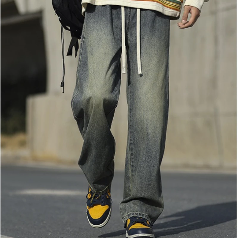2024 New Jeans Men Korean Style Fashion Versatile Solid Color Loose Straight Drawstring Full Length High Street Denim Pants Male