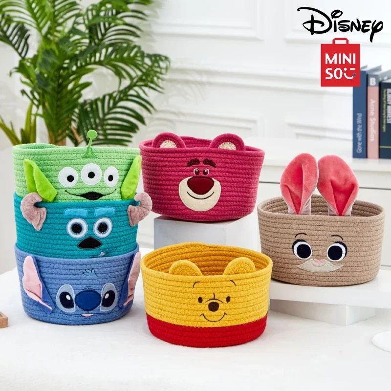 MINISO Disney Stitch Organizer Basket Kawaii PoohBear Wear-Resistant Woven Storage Basket Cartoon Alien Portable Organizer Boxes