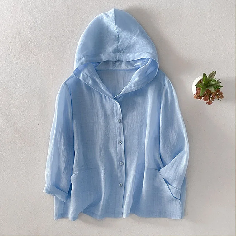 

Литературная однотонная легкая рубашка из рами с капюшоном для защиты от солнца, 2026, женская летняя новинка, свободный кардиган больших размеров, блузка, женские топы