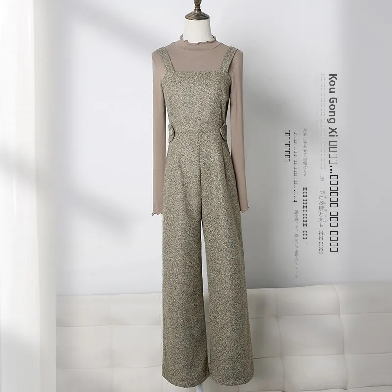 

Корейский модный комплект из двух предметов: брюки с высокой талией и широкими штанинами и антивозрастной комбинезон для женщин на осень-зиму