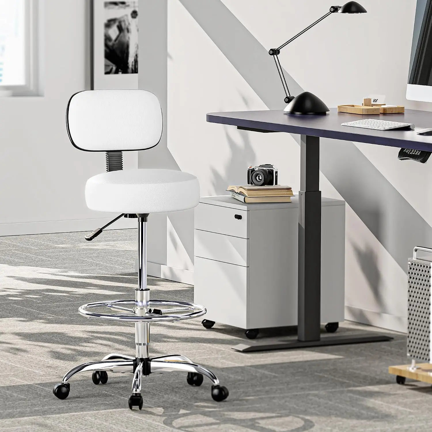SUPERJARE Drafting Chair with Back, Adjustable Foot Rest Rolling Stool, Multi-Purpose Office Desk Chair, Thick Seat Cushion for