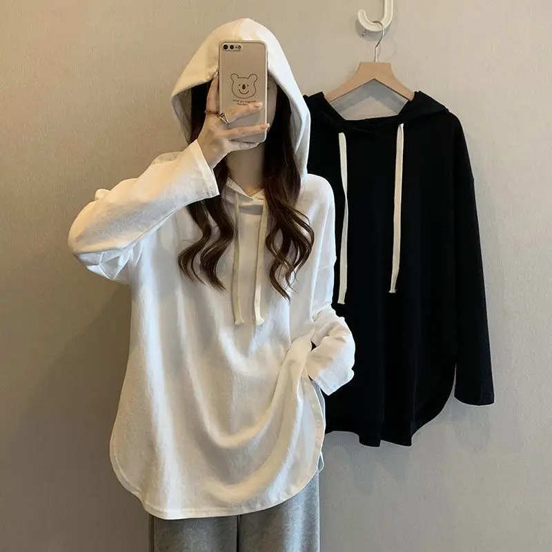 大きいサイズ-秋冬新作-無地-フード付き-長袖tシャツ-レディース-ゆったり-着痩せ-フード付きトップス