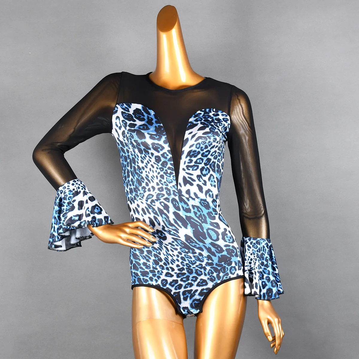 

Latin dance big flare cuff top women new style ballroom dance bodysuit top dance practice outfit adult V collar long mesh sleeve