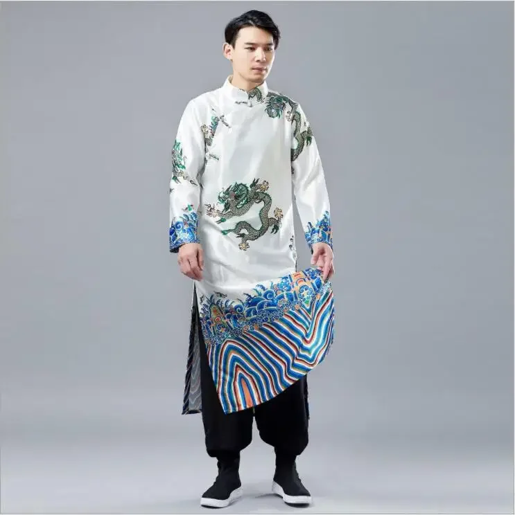 Spring New Embroidery Dragon chinese traditional Button Long Gown Robe Retro Chinese Style Long Clothes China National Clothing