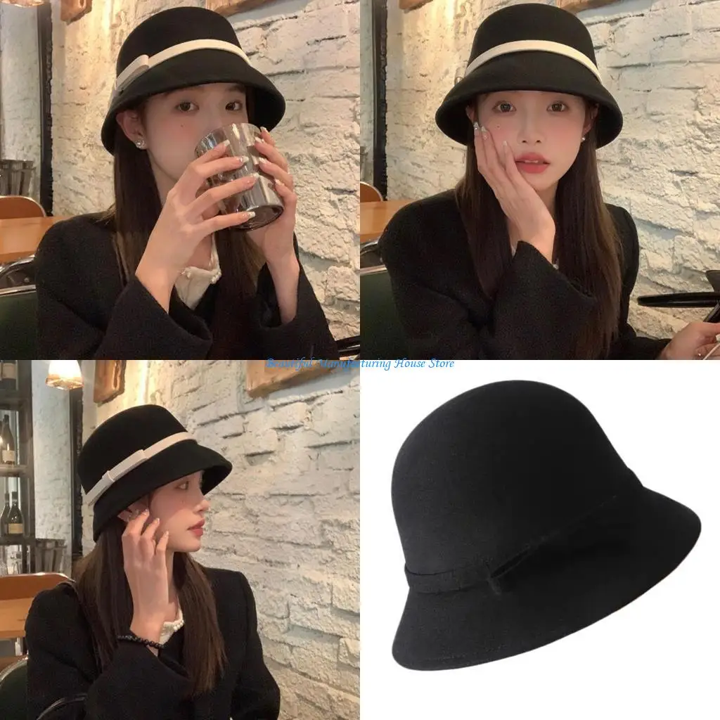 E56A Vacation Woolen Hat Western Equestrian Sun Hat Elegant Cloche Hat for Women