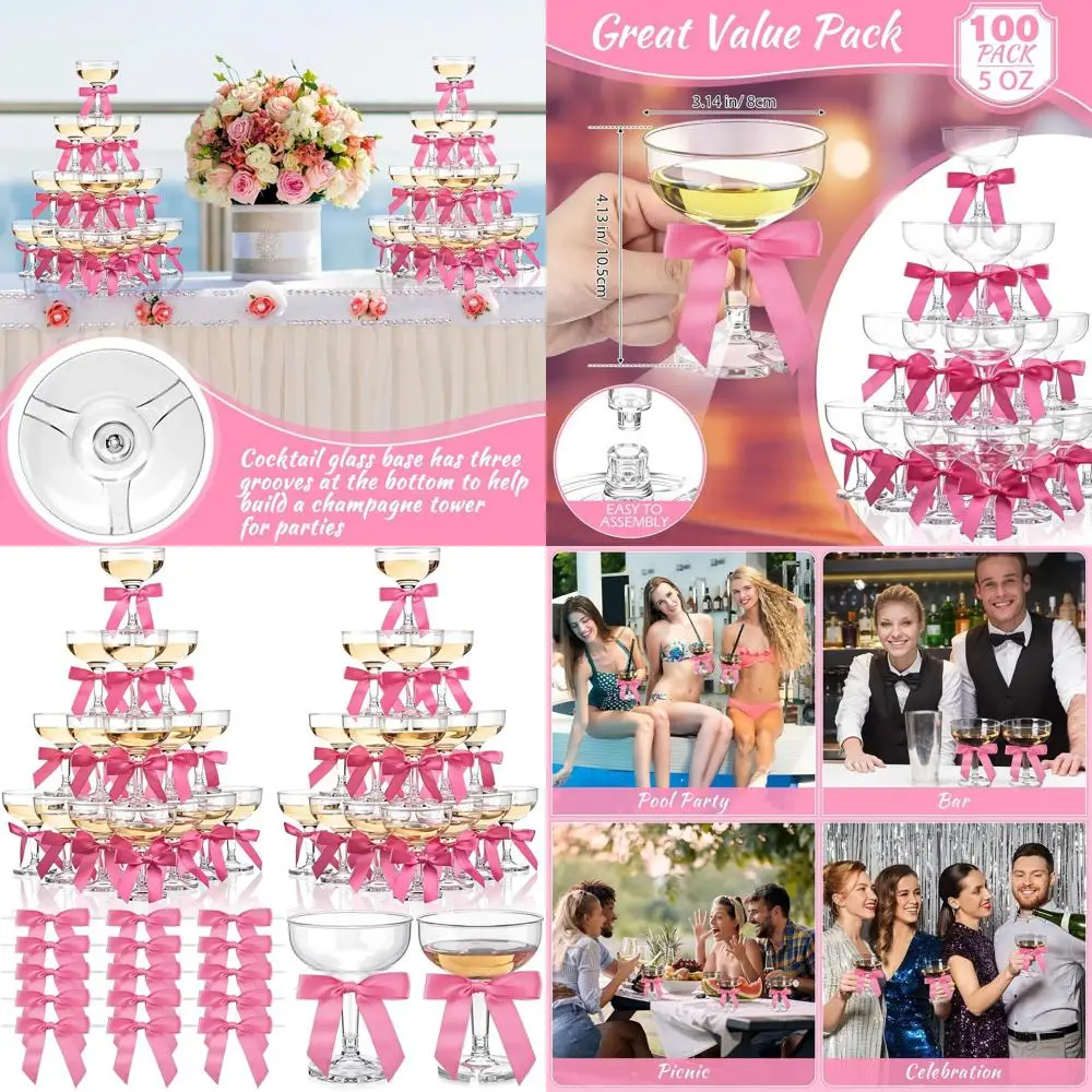 

Набор из 100 пластиковых бокалов для шампанского, маргариты и коктейлей объемом 5 унций с бантом, идеально подходят для Дня святого Валентина, дней рождения, девичников