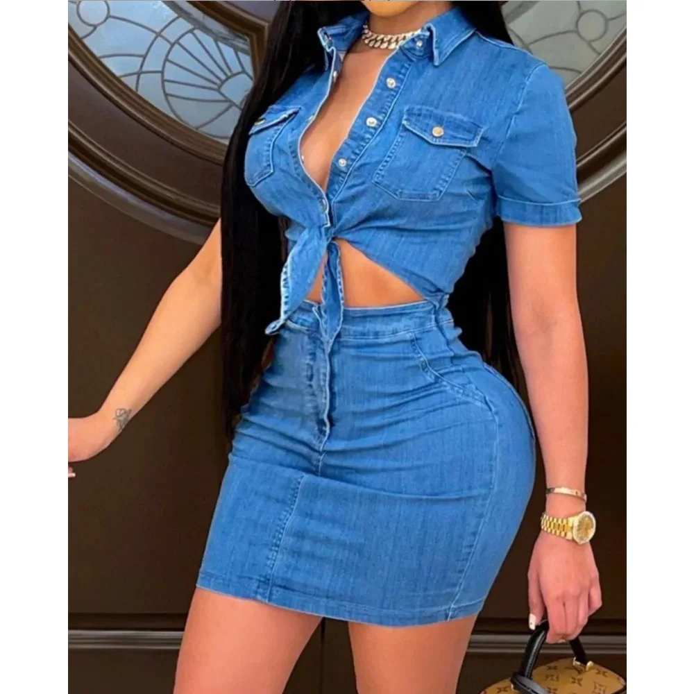 Dress Women Denim Dresses  slimming short-sleeved denim dress for women summer new hip-hugging short skirt