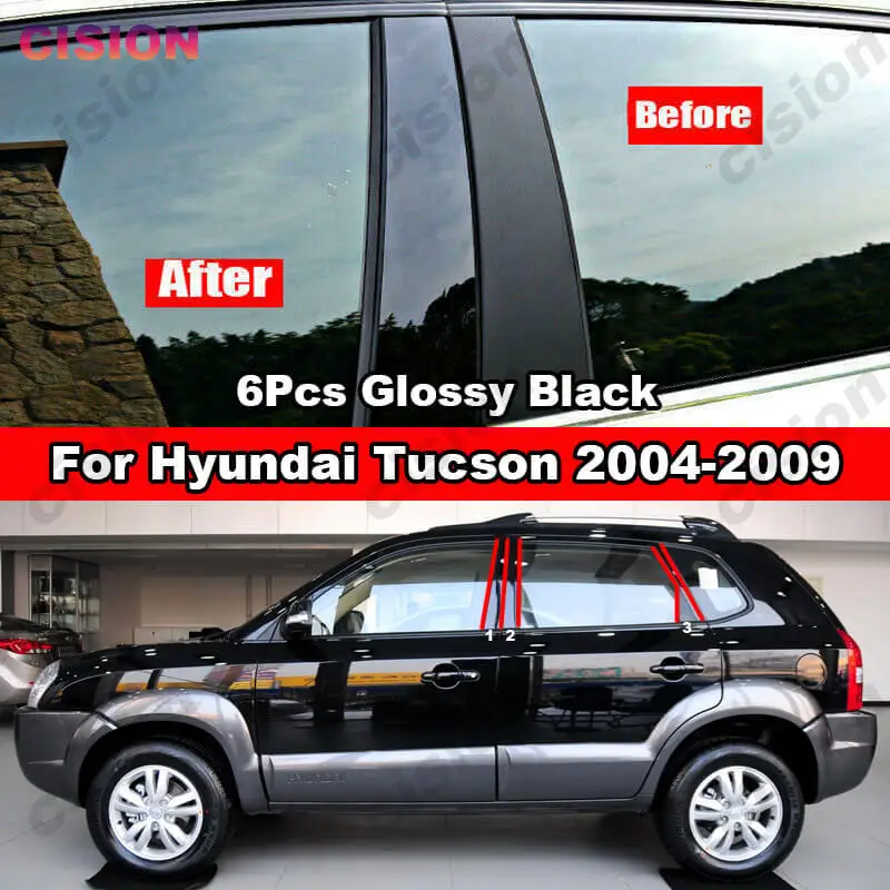 6x Glossy Black Mirror Effect Car Window Door Column B C Pillar Post Cover Trim PC Material Sticker for Hyundai Tucson 2004-2009