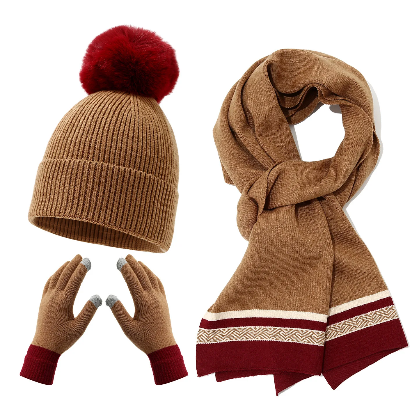 الشتاء المرأة بلون ضوء لوحة الشعر الكرة محبوك هود وشاح قفازات ثلاث قطع مجموعة في الهواء الطلق الكبار مجموعة دافئة