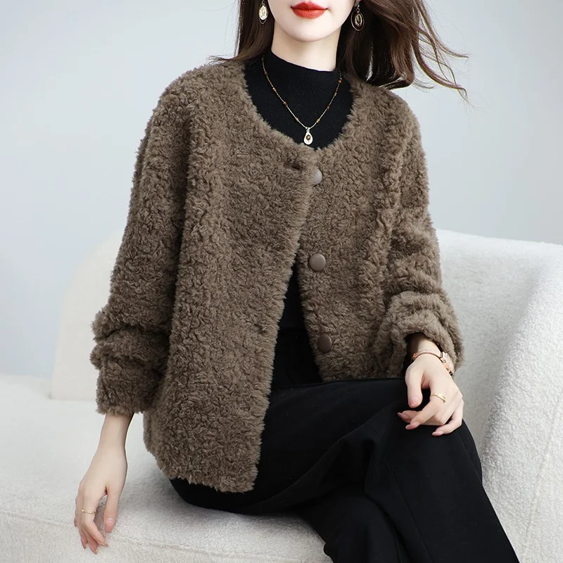 

Women's ort Fur Leather Collar Coat Warm round Ne Inteated Design Versatile Sli Commute Sle Winter Outerwear