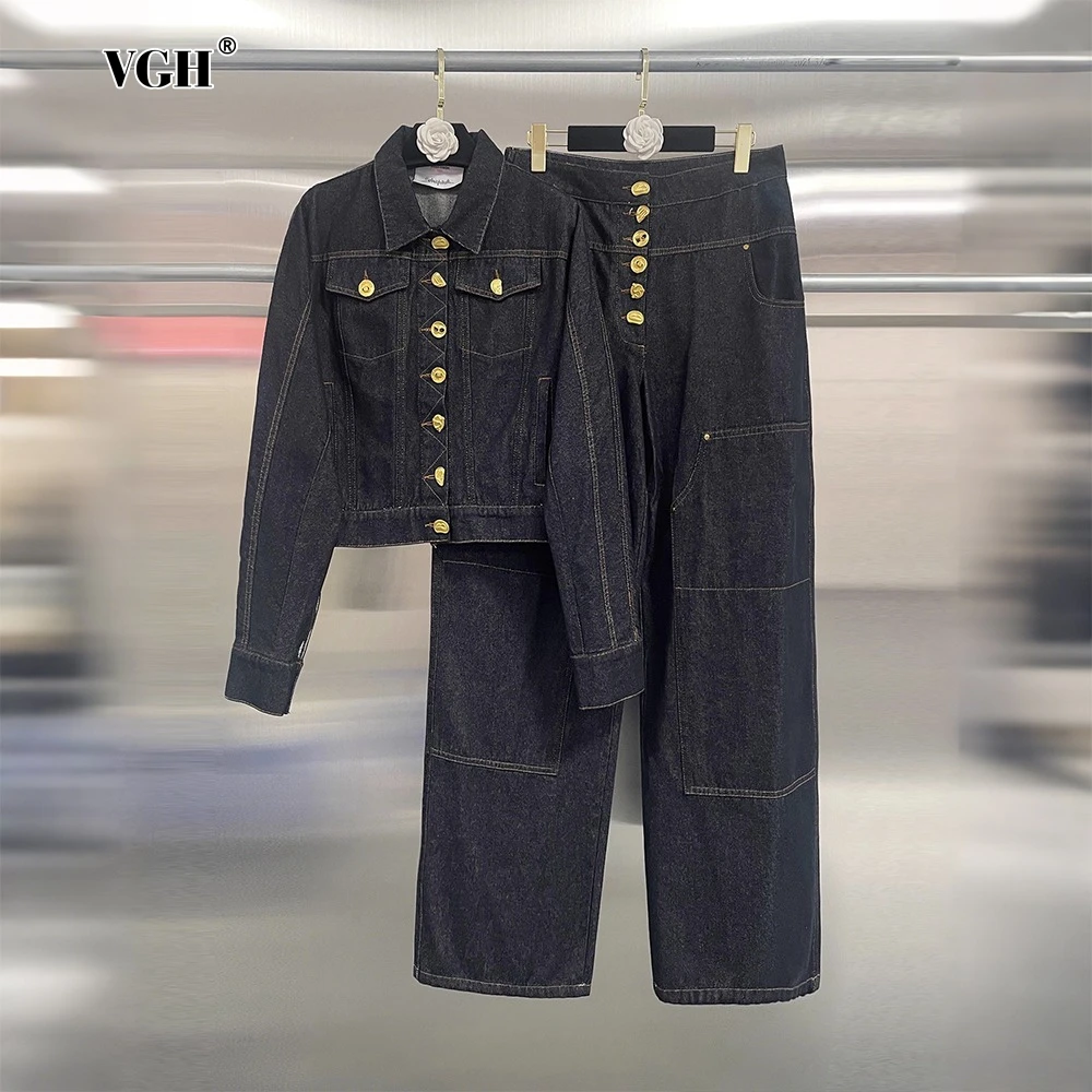 

VGH Bright Line Design Two Piece Set for Women Lapel Long Sleeve Patchwork Single Breasted Coat High Waist Wide Pant Suit Female