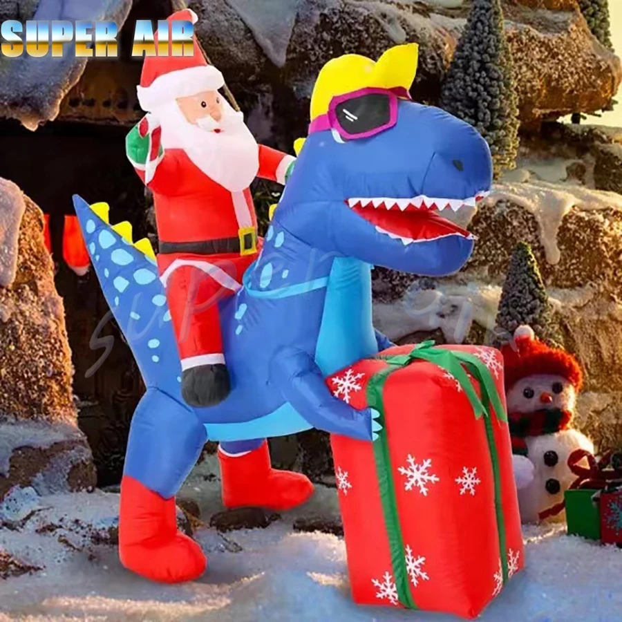 Juguete de fiesta de Navidad para decoración de celebridades, bonito inflable, Papá Noel, montar un dinosaurio con regalos