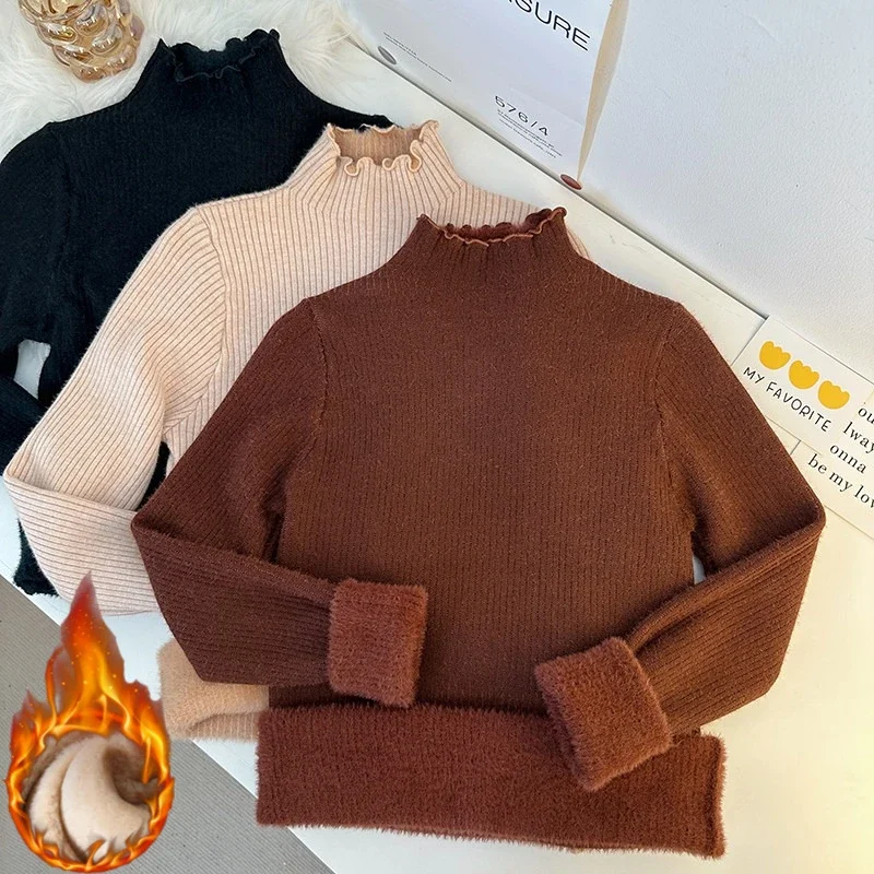 

Ladies Long Sleeve Fleece-lined Thick Warm Jumpers 2025 Women Winter Turtleneck Sweater Female Solid Ruched Knitted Pullover