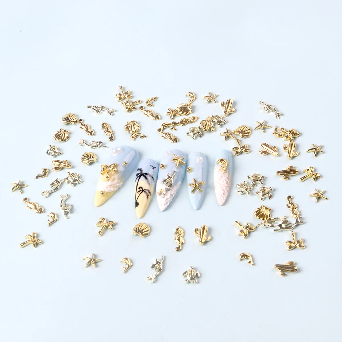 50PCS Mixed 3D Gold Summer Ocean Shell Starfish Metal Manicure Nail Decoration Mermaid Coconut Tree Nails Art Charms
