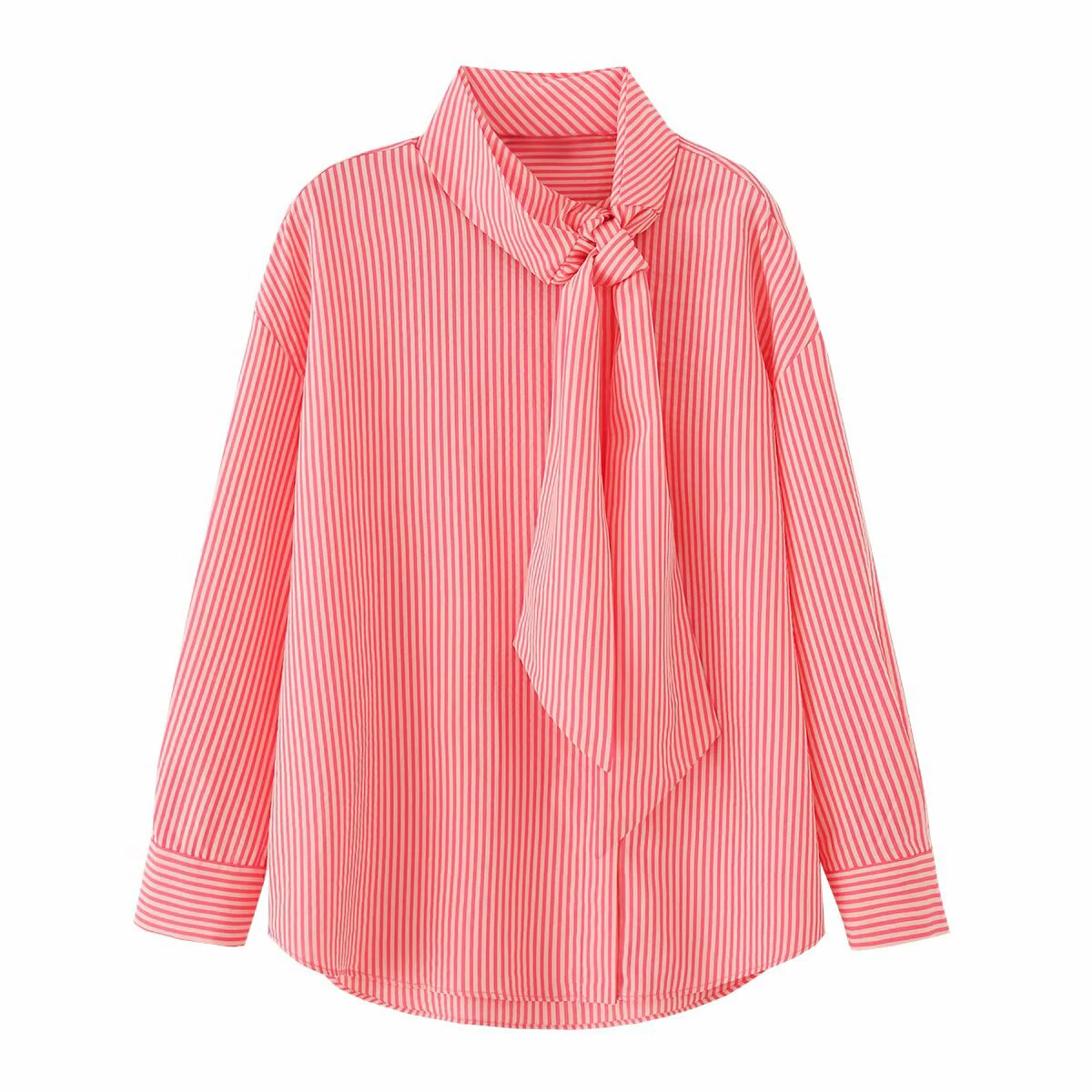 

Европейский и американский стиль, новинка весна-лето 2026: женская рубашка с длинным рукавом, высоким воротником, бантом и полосками