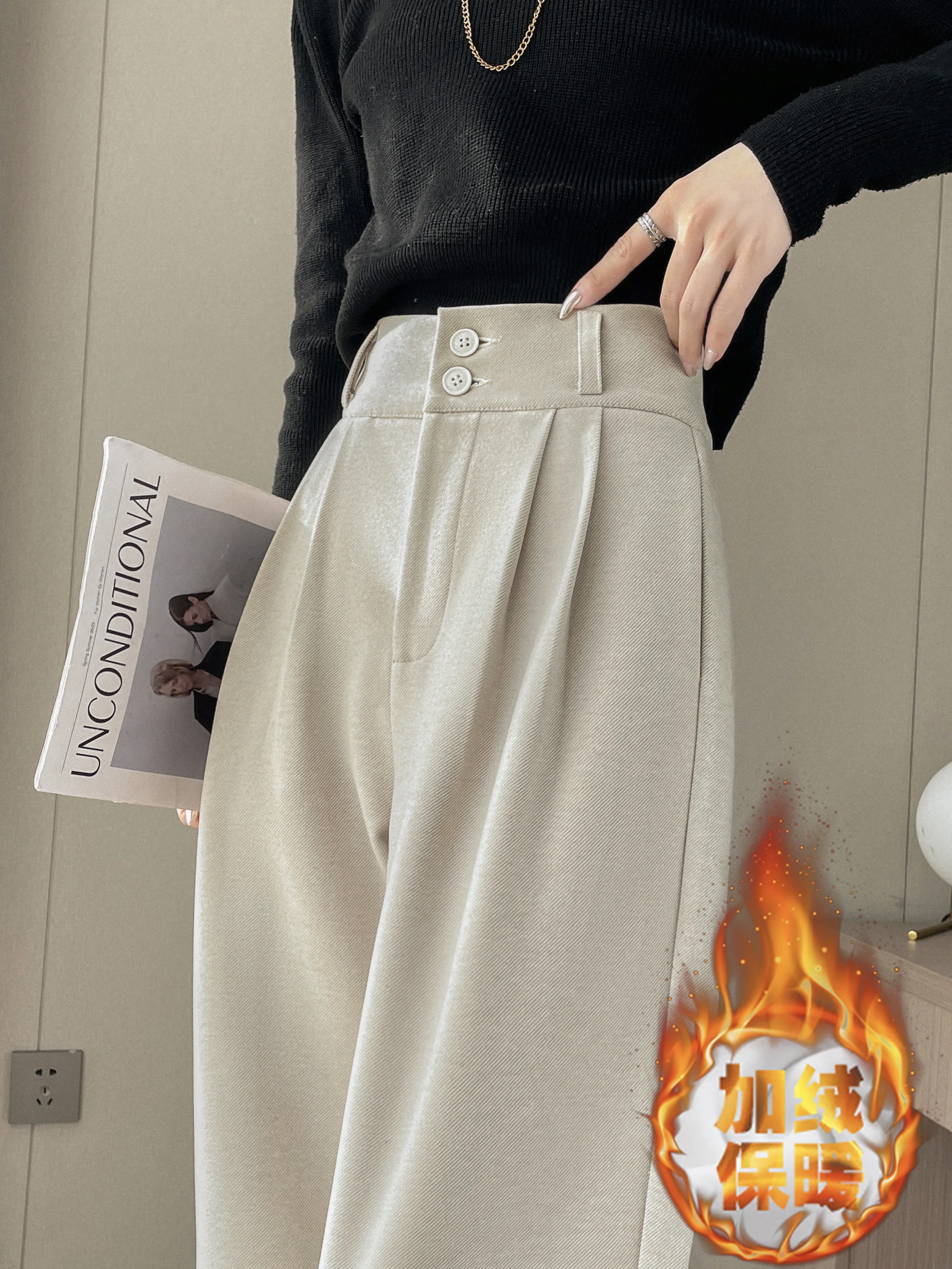 Fleece-lined Thick Woolen Wide-Leg Pants Women Winter New High Waist Slimming Straight Suit Casual Trousers Mop Pants