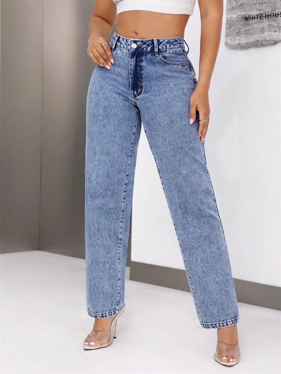 Benuynffy Vintage Blue Mid Waisted Jeans Women\'s American Casual Mom Pants Streetwear Fashion Denim Straight Long Trousers