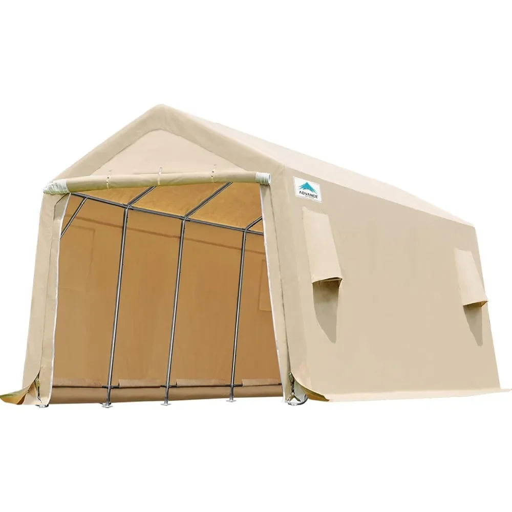 Carport 10X20 ft Heavy Duty Outdoor Patio Anti-Snow Portable Canopy Storage Shelter Shed with 2 Rolled up Zipper Doors , Beige