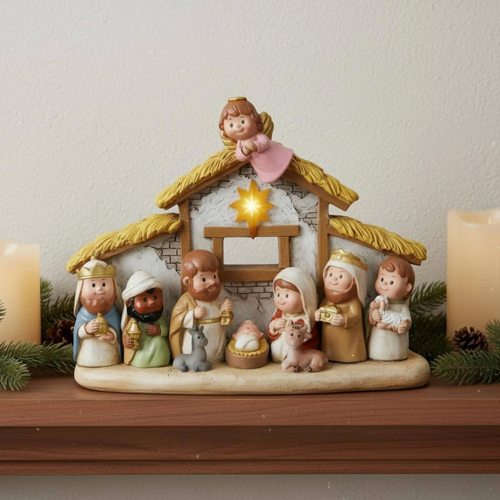 Stable Nativity Ornament Star-Shaped Light Lighted Nativity Scene Tabletop Decoration Straw-Textured Hand-Painted