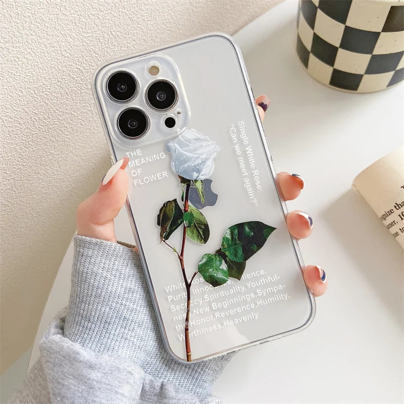 Graceful White Rose Transparent soft silicone TPU Phone Case for iPhone15 14 13 Pro Max 11 12 Pro X XR XS Max 8 7 Plus SE cover