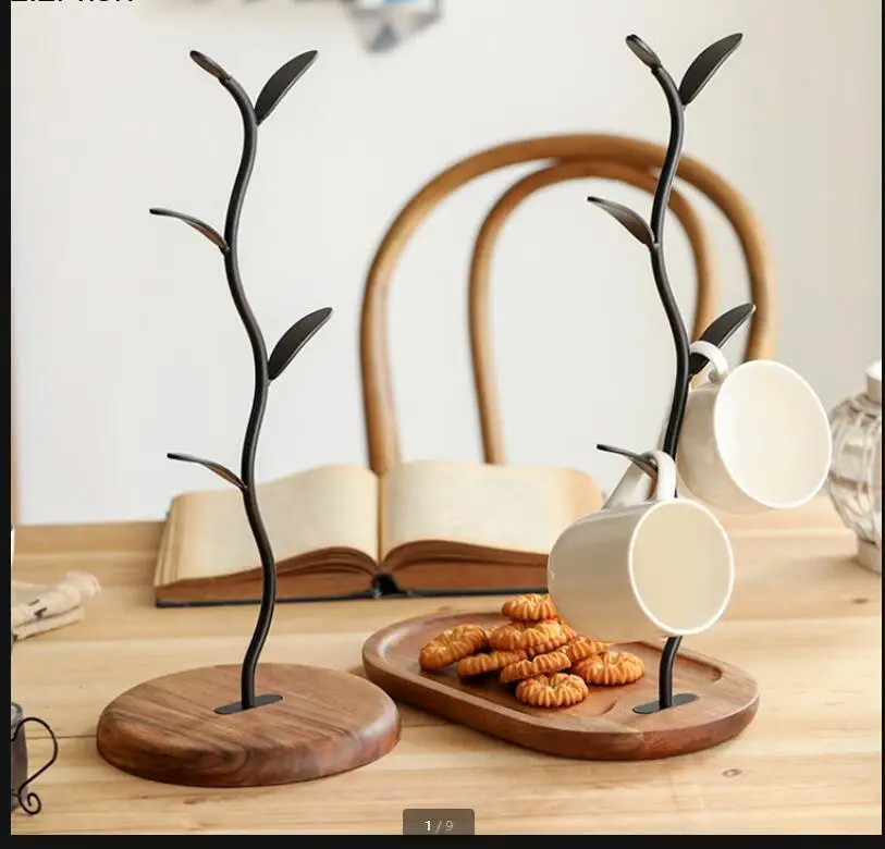 Wooden Base Wrought Iron Cup Holder Storage Rack Tea Tray Snack Pallet Drain Organizer Display Stand