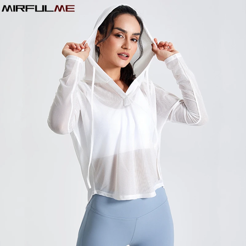 Women Sport Hoodies Loose Thin Breathable Yoga Shirts Long Sleeves Running Sweatshirts Back Hollow Out Gym Fitness Hooded Tops