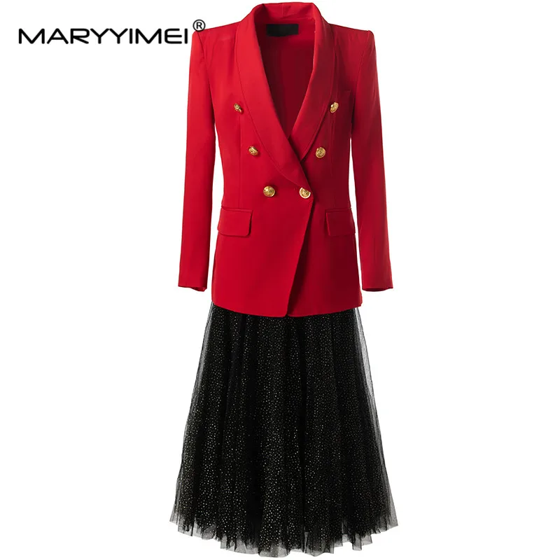 MARYYIMEI Spring Summer Women's Suit Long-Sleeved Double Breasted Solid Tops+Black Underlay skirt Elegant Two Piece Set