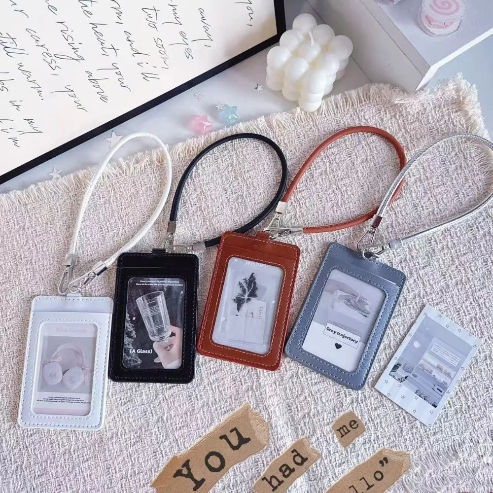 Minimalist PU Leather Card Holder Dual-Slot With Hand Wrist Strap ID Card Cover Access Control Card Sleeve Access Control Card