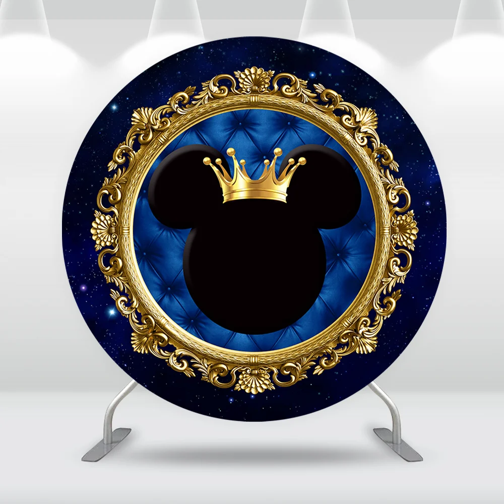 Gold Crown Royal Prince Round Backdrop Cover Mickey Mouse Circle Photography Background for Boy 1st Birthday Party Decorations