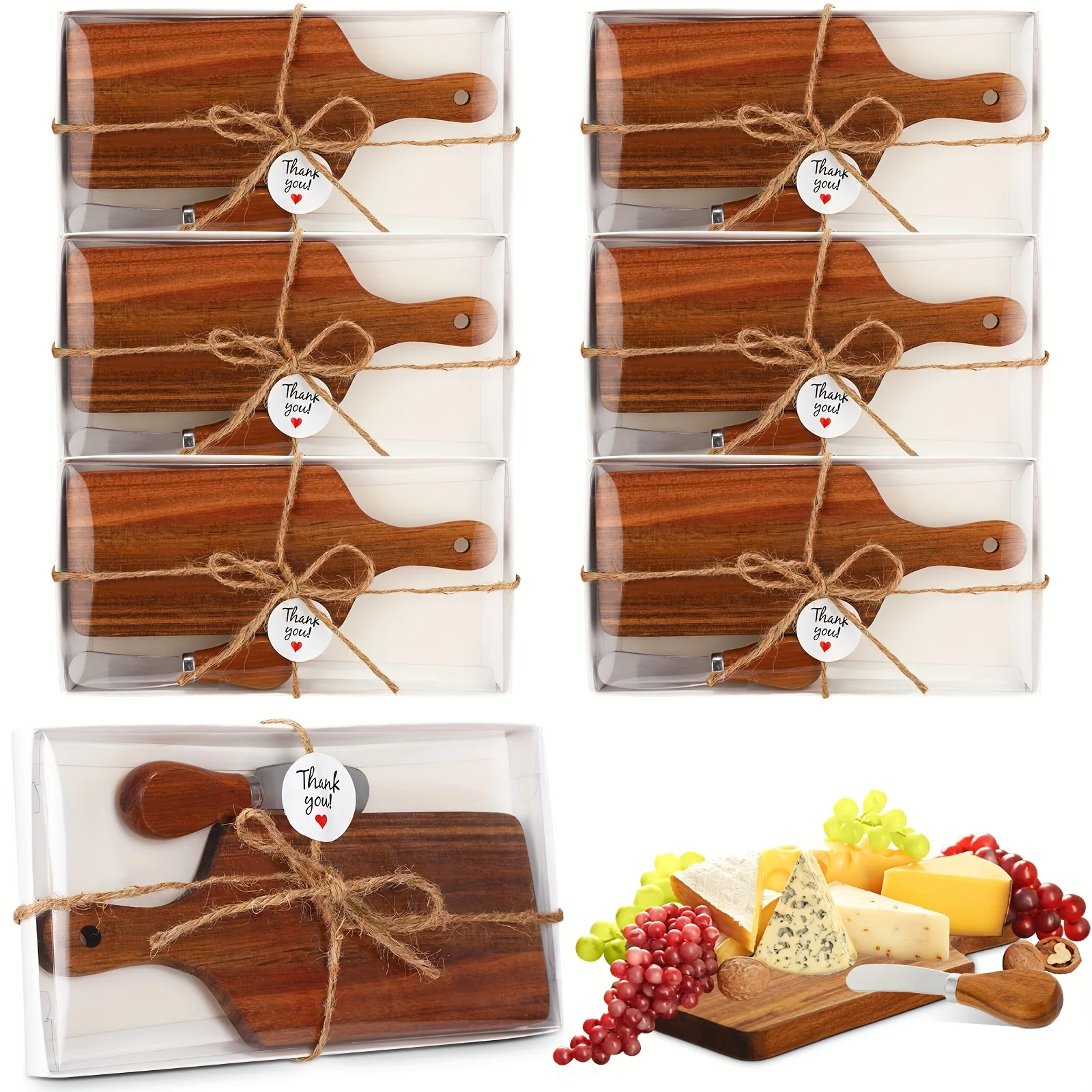 

6 Pack Wood Cheese Board & Spreader Set with Mini Charcuterie Boards - Acacia Wood Cutting Boards Bulk Suitable for Wedding, Birthday, Bridal Shower Supplies - Elegant Serving Tray & Spreader Knives