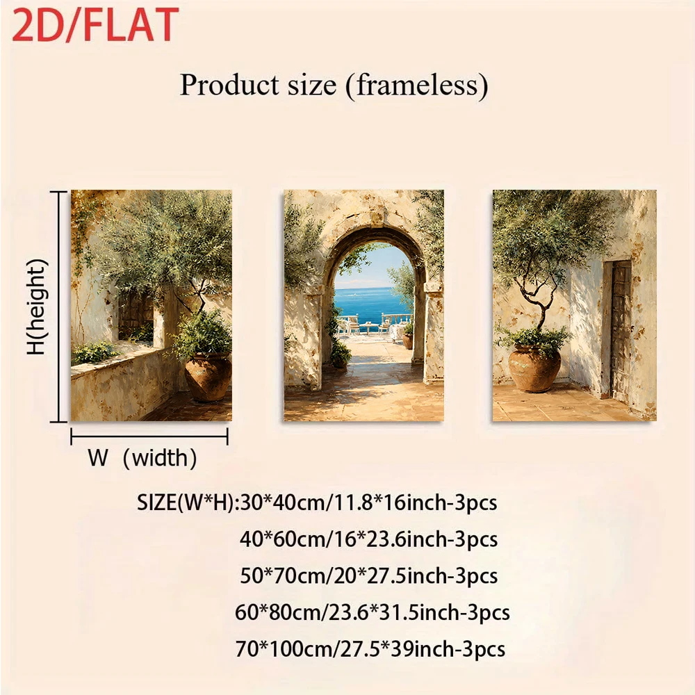 3pcs frameless Canvas Painting 1 set of Mediterranean-style three-panel frameless decorative paintings (2D flat)