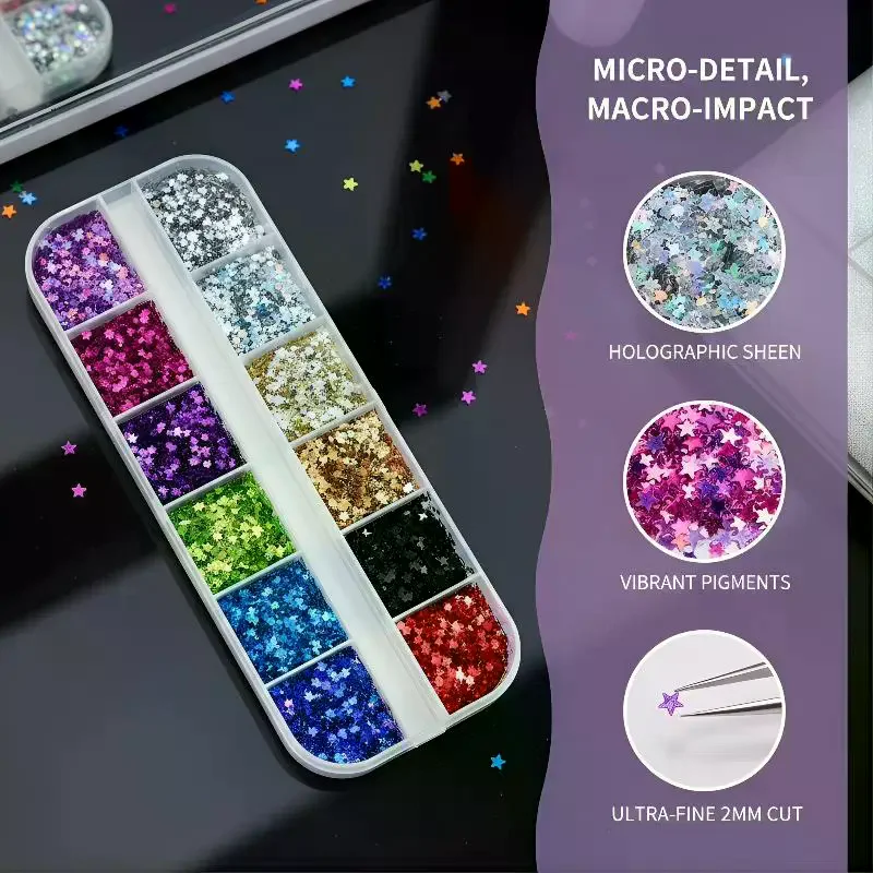 12-Compartment Mixed Nail Glitter Set – Holographic Stars, Hearts & Pentagrams (2mm), Shimmering Sequins for DIY Nail Decor