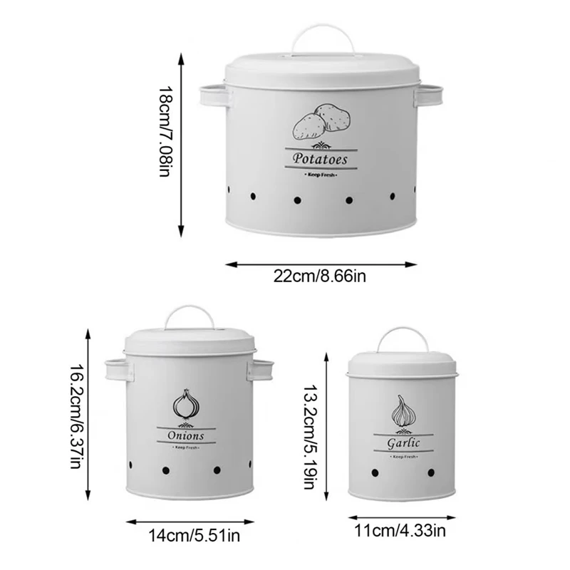 3Pcs Metal Storage Bucket Set with 360-Degree Ventilation System Large Capacity Multipurpose Garlic Potato Storage Box A-ABLL