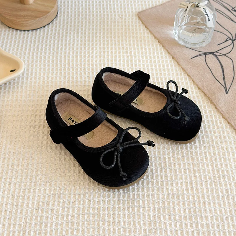 Solid Velvet Girls Flats Shoes Winter Bow Plush Warm Kids Princess Shoes Shallow Hook Loop Non Slip Children Mary Janes