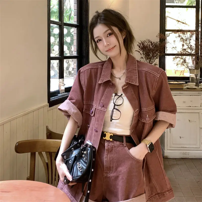 Vintage Fashion Suit Women\'s Summer New Sense of Advanced Short-sleeved Denim Jacket Temperament Wide-leg Shorts Two-piece Set