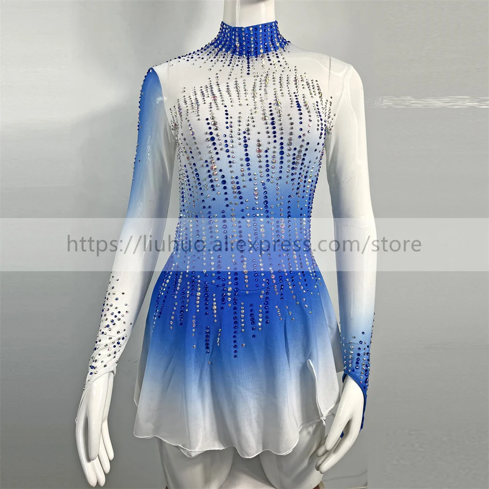 LIUHUO Women Aldult Girl Customize Costume Performance Competition Leotard Ice Figure Skating Dress Roller Ballet Blue Gradient