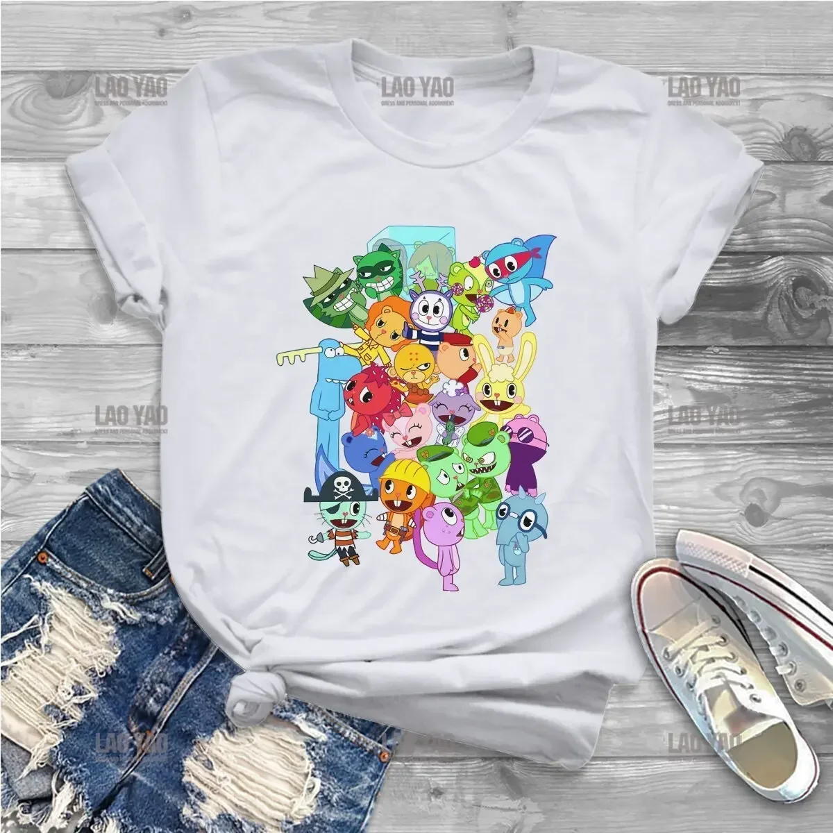 Summer Cartoon Animated T-shirt Cute All Characters Happy Tree Friends Hug Ladies TStudent Casual Tee