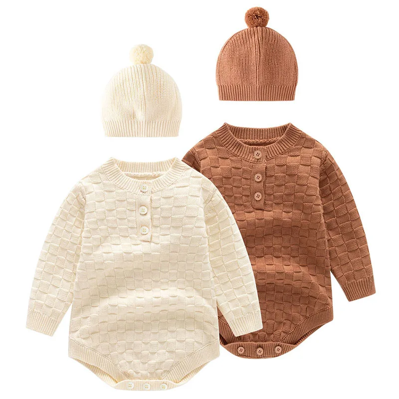 

Autumn Winter 0-24M Baby Clothing Toddler Baby Girl Boys Romper+Hat Long Sleeved Solid Color Knitting Korean Style Climbing Suit