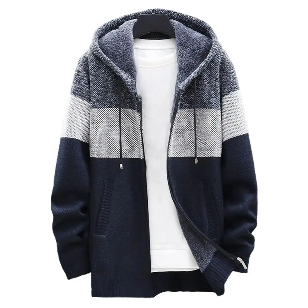 

2024 Autumn Korean Hooded Men's Sweaters with Thick and Velvet Men's Cardigan Knitted Sweatercoats Patchwork Jacket Male M-3XL