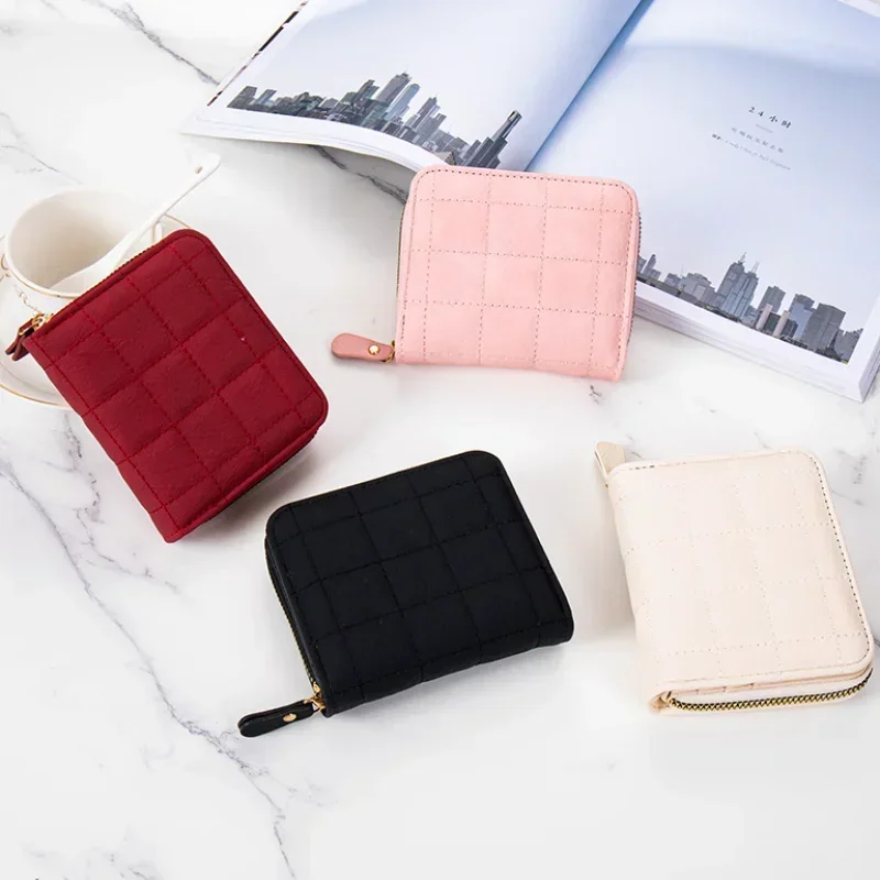 Korean Womens Wallet Short Zipper Solid Color Wallet Purse Multi-card ID Credit Card Badge Holder Mini Clutch Purse