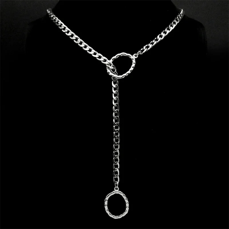 Square O-ring Chain For Women Men Punk Rock Necklace Stainless Steel Heart Shaped Long Necklaces Adjustable Y-Necklace Jewelry