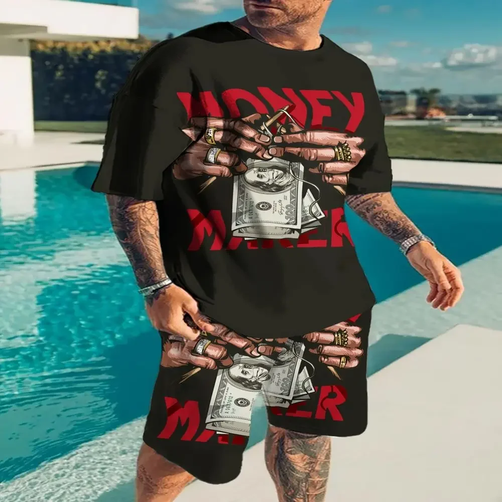 Men's T Shirt Shorts Two Piece Set 3D Printed Chain Pattern Retro Cool Punk Style Sets Trendy Outdoor Street Casual Male Clothes