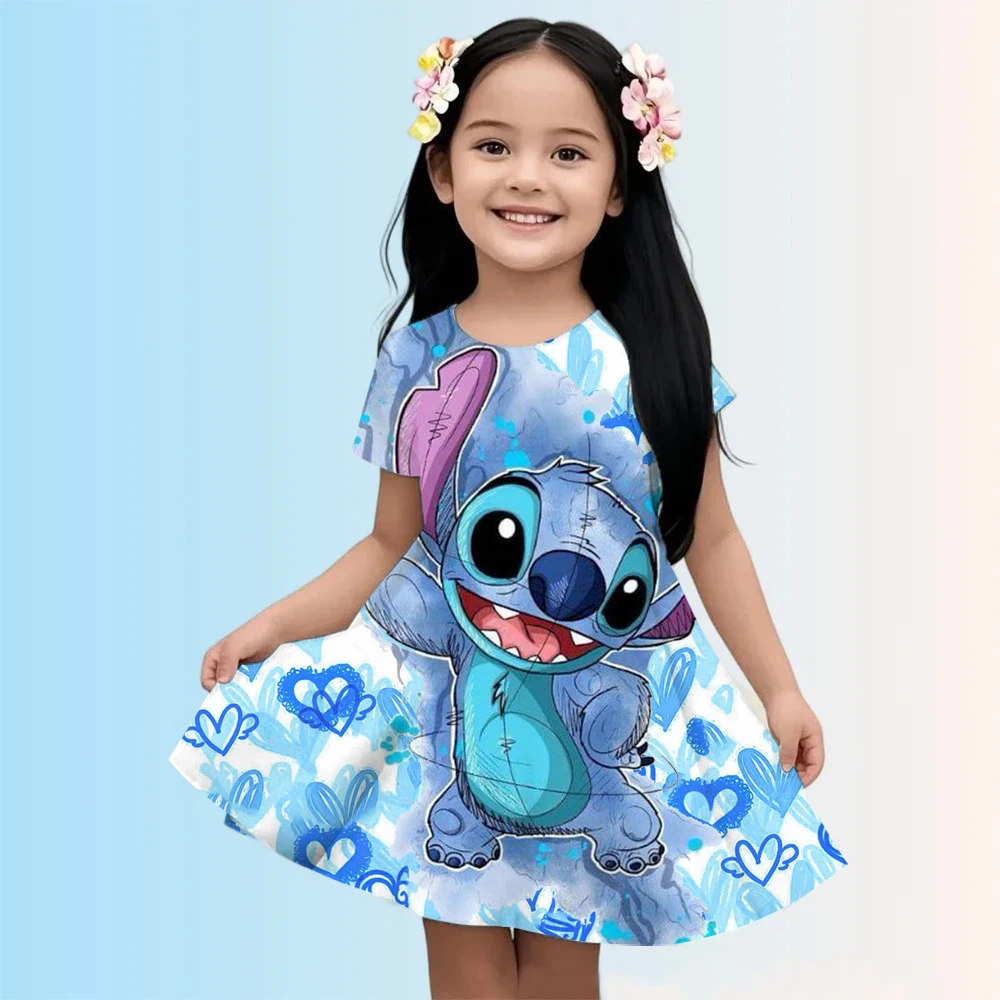 

Girls Disney Lilo Stitch Summer Short Sleeve Milk Silk Dress Catroon Stitch Pineapple Printed Toddlers Casual Clothing 1-8Y