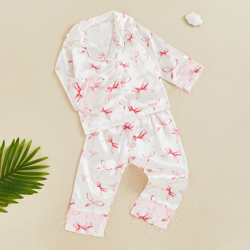 Conjuntos de pijamas de primavera y otoño para niñas, camisa con estampado de lazo y solapa de manga larga, pantalones, ropa de dormir