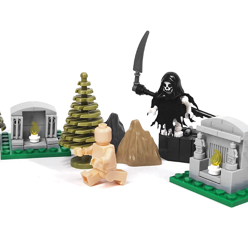 MOC bouwsteenmodellen, angstaanjagende Halloween skelet soldaten, Death Reaper zeis, vlam skelet paard, kindercadeaus