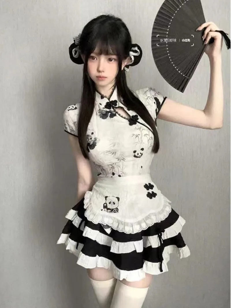 Sexy Maid Sex Anzug Uniform Cheongsam Nette Chinesische Panda Drucken Uniform Kleid Elegante Mode Süße Frauen Mini Kleid Top I5IX